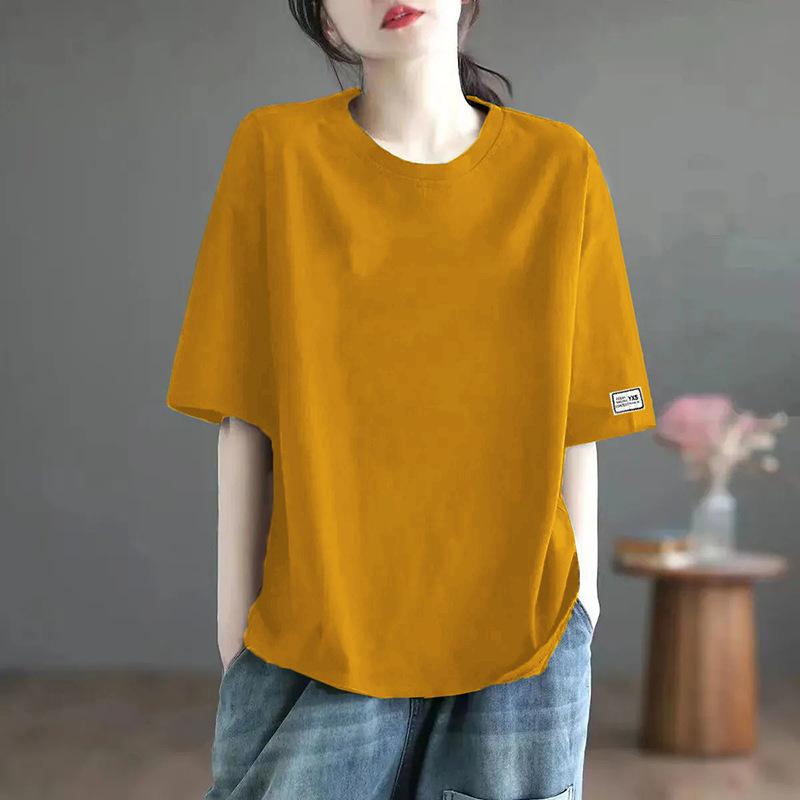

Весенне-летняя одежда, футболка с коротким рукавом, женская весенне-летняя новинка, с дизайнерской этикеткой на манжетах, универсальный топ 4XL жёлтый