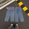 Mens Distressed Washed Denim Jeans With Pink Graphic Print Straight Fit Mid-Rise Cotton Blend 2025
