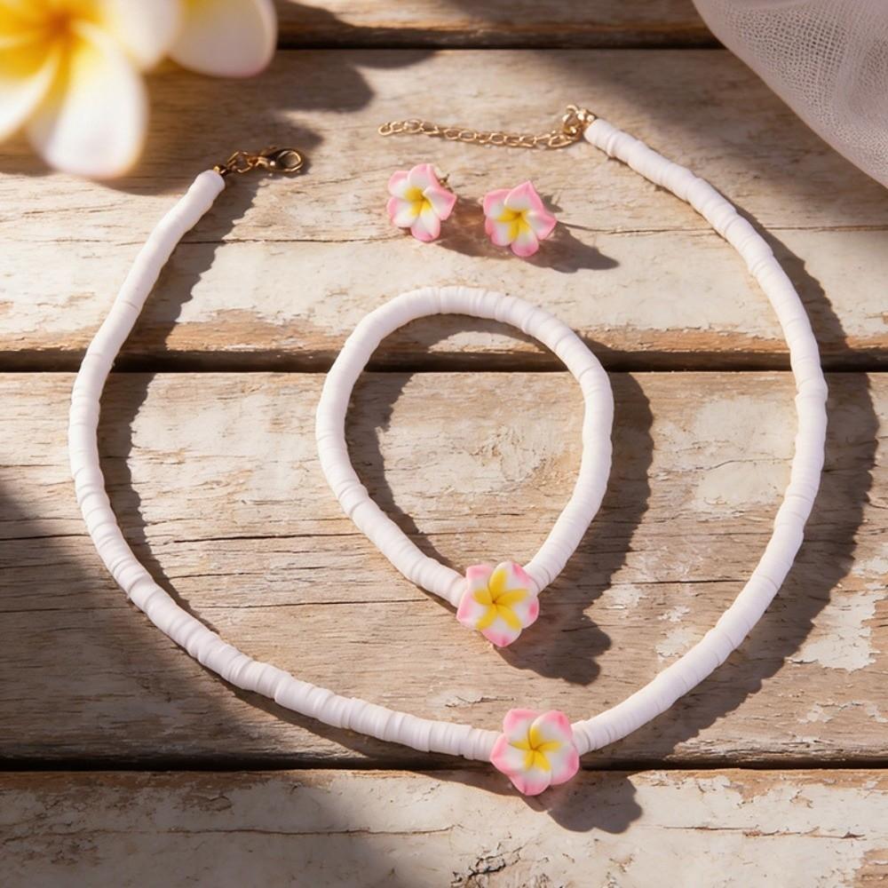 

Woven Rope Chain Big Flower Clay Beads Bracelet Colorful Handmade Woven Earrings Beach Party світло-рожевий колір