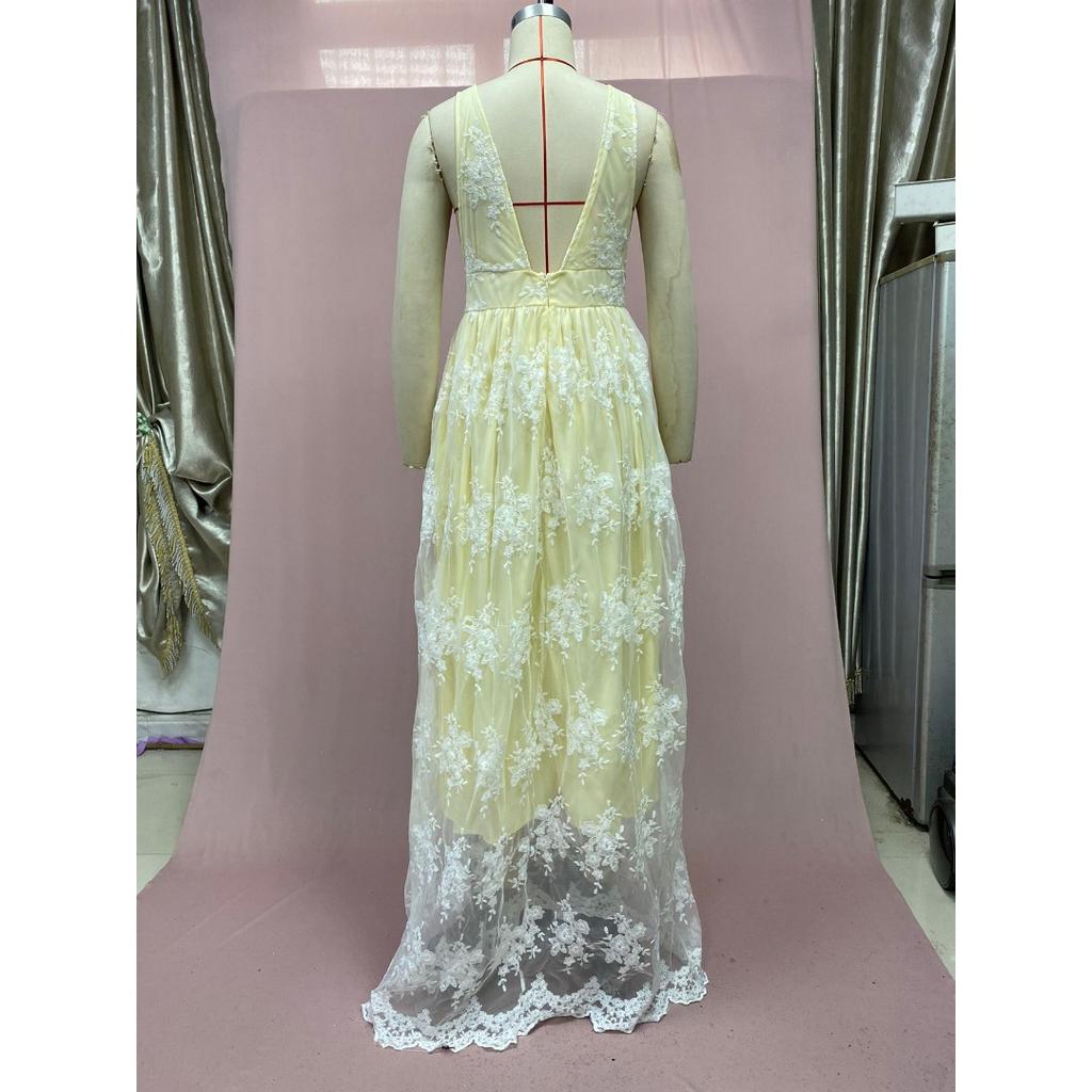 Women's Summer New Sheer Mesh Backless Dress - Deep V Neck Lace Long Gown with Spaghetti Straps, Elegant Evening Dress