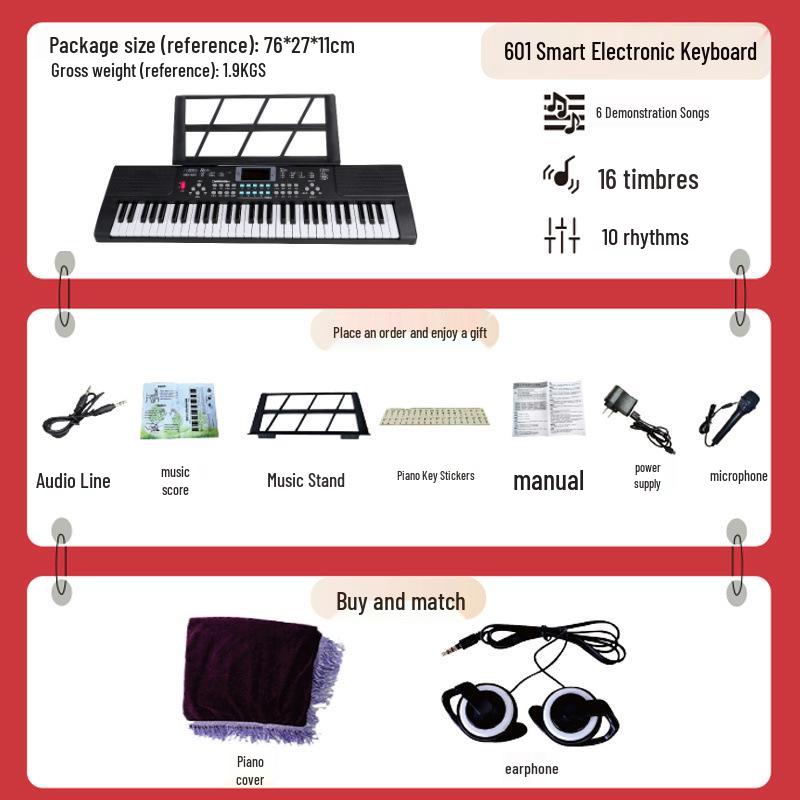 Beginner 61-Key Electronic Keyboard Piano for Home Use and Students
