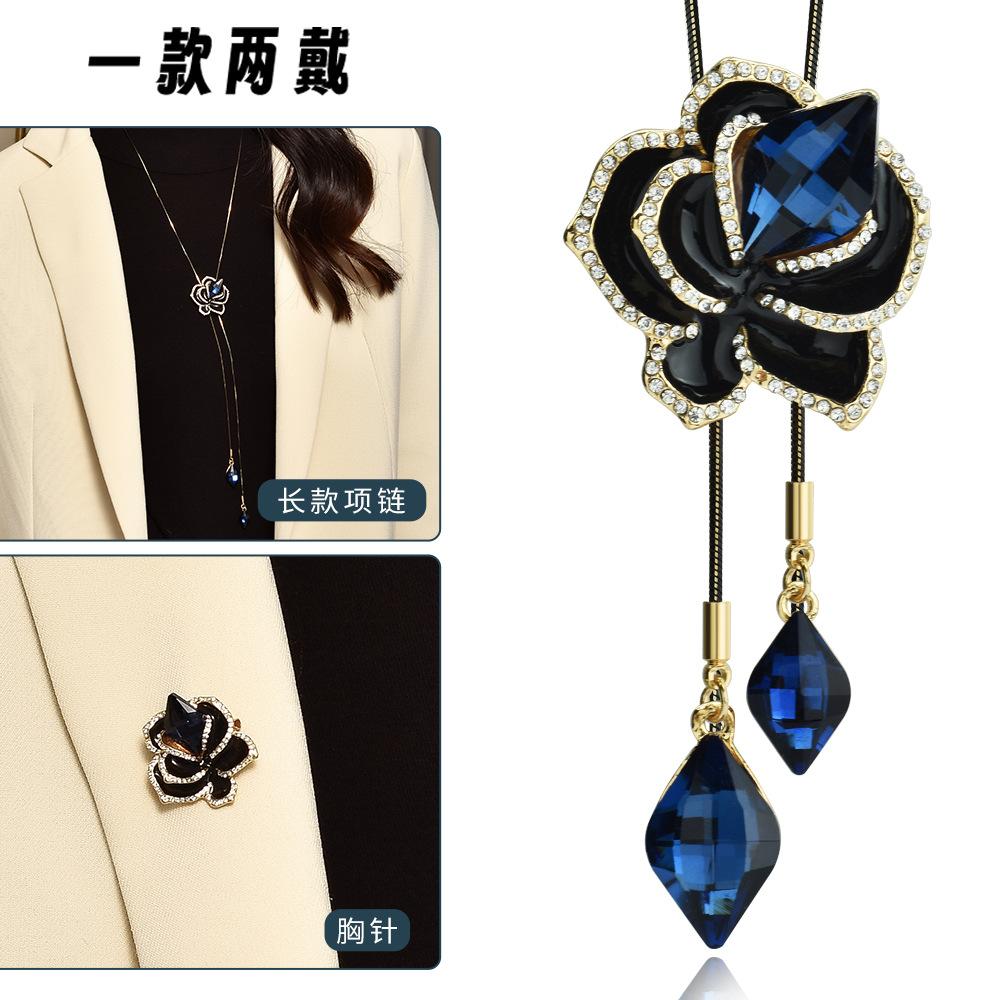 Suijue Pearl Sweater Chain Two Wear Crystal Flower Long Necklace Titanium Steel National Style Two Wear Function