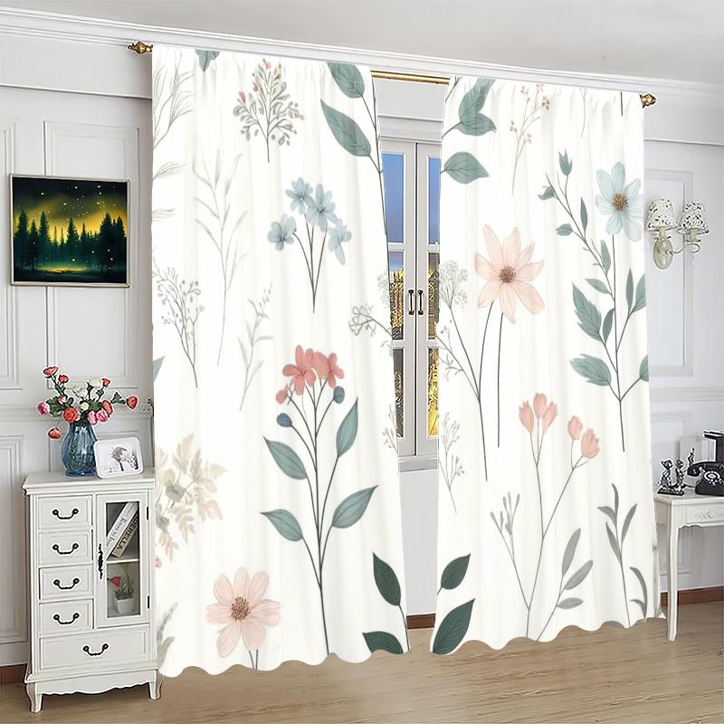 2pcs- Hand-painted Plant-printed Curtains -100% Polyester Material, Suitable for Bedroom Curtains and Living Room Decoration,