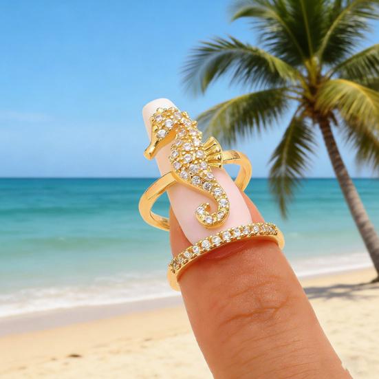 Gold Sea Animals Ring for Women Rhinestone Seahorse Turtle Dolphin Starfish Seashell Double Layer Adjustable Ring Bohemian Beach Jewelry Gift for