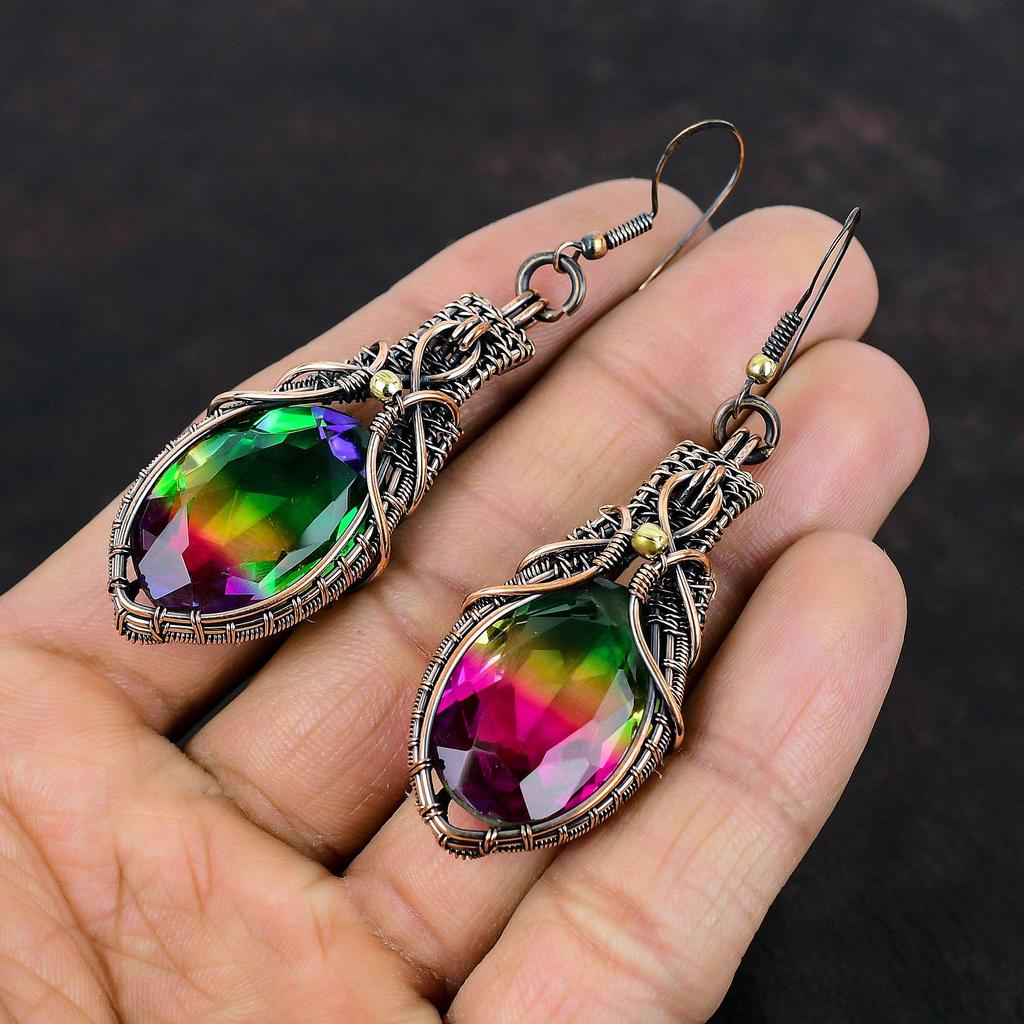 Faceted Multi Tourmaline Earring Copper Wire Wrapped Earring Gemstone Copper Jewelry Handmade Earrings Wire Wrapped Jewelry Gifts For Mother