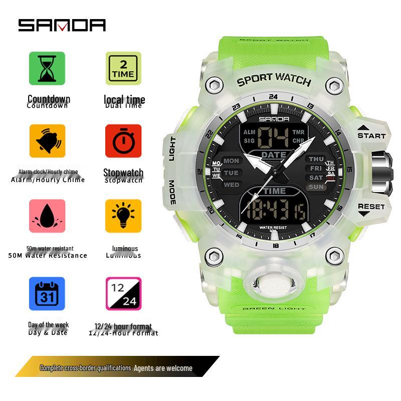 Sanda Multifunctional Waterproof Sports Watch for Outdoor and Student Use with Dual Display and Alarm Clock.