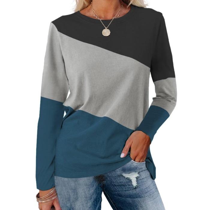Fashion Color Blocked Long Sleeved Top with Personalized Contrasting Design for Women's Casual T-shirts