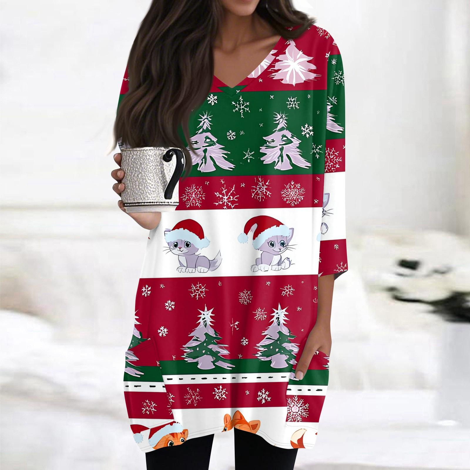 

Женские топы с V-образным вырезом и рукавом 3/4, повседневные блузки средней длины, модные туники с рождественским принтом и карманами XL