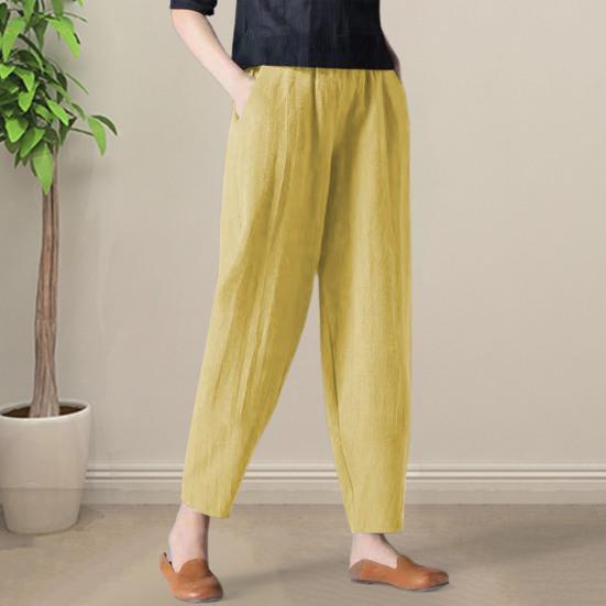 Ladies Long Pants with Pockets Solid Color Elastic Waist Wide Leg Ninth Pants Casual Wear Temperament Women Fashion Loose Linen Trousers Commuter Wear