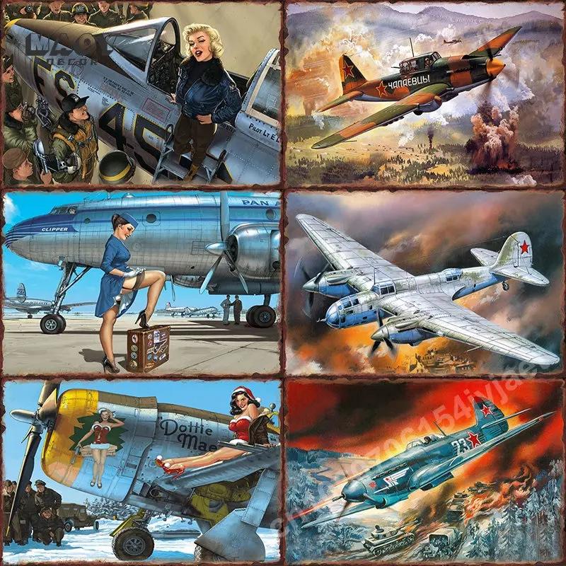Vintage Retro Airplane Car Metal Tin Sign Plates Wall Decor Posters for Living Room House Art Paintings Pictures Murals
