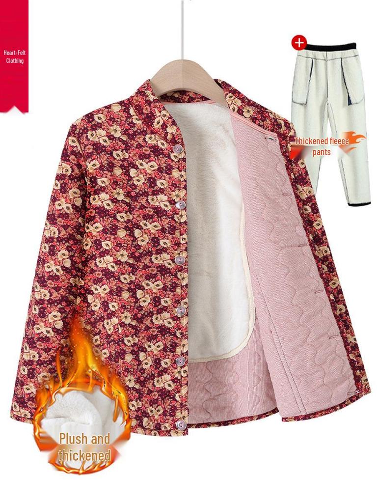 Grandma's Winter Floral Cotton Jacket with Velvet Lining - Warm, Thickened, Small Size for Elderly Women