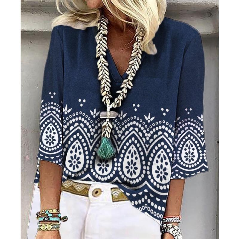 V-neck 3D Printed Top Fashionable Casual Long Sleeved Women's T-shirts