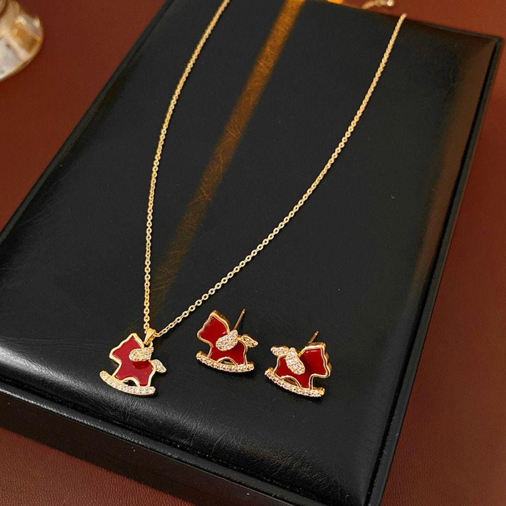 Collarbone Chain Zircon Horse Pendant Necklace Rhinestone Red Drop Earrings  Wedding