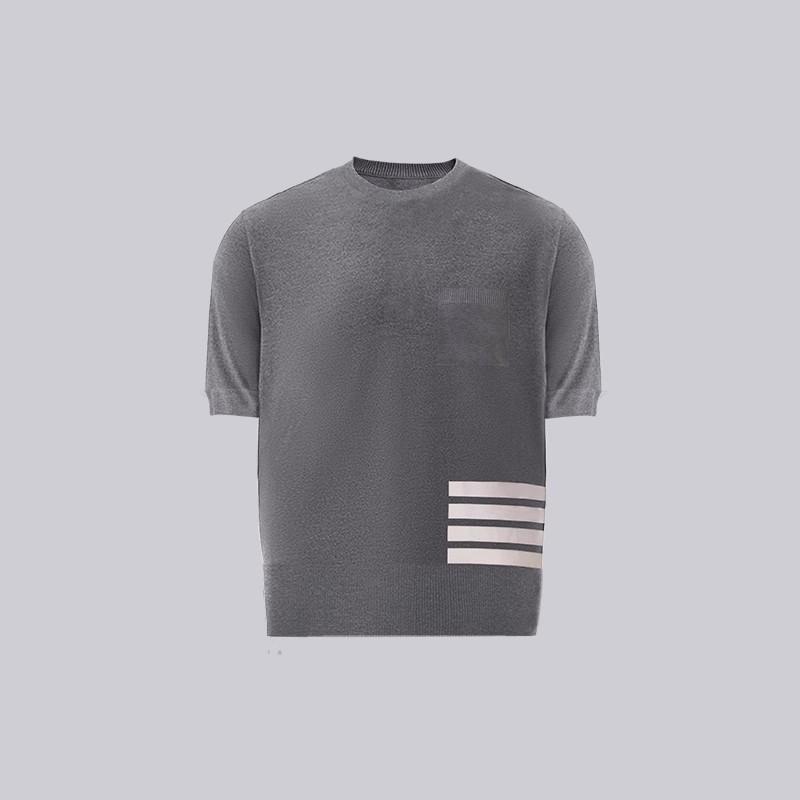 TB Unisex Summer T-Shirt Round Neck Versatile Classic Four Bar Knit Sweater Casual Base Top with Half Sleeves