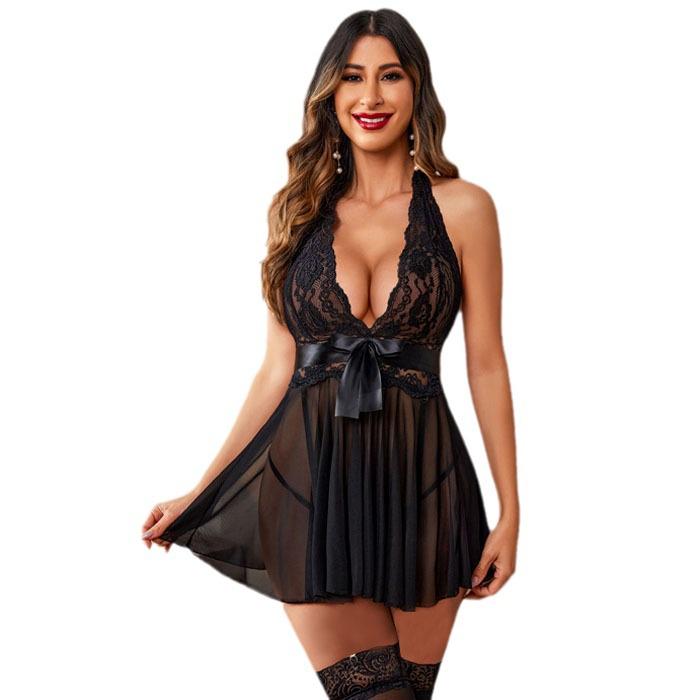 European & American Sexy Lingerie: Women's See-Through Mesh Suspender Nightgown Plus Size Set