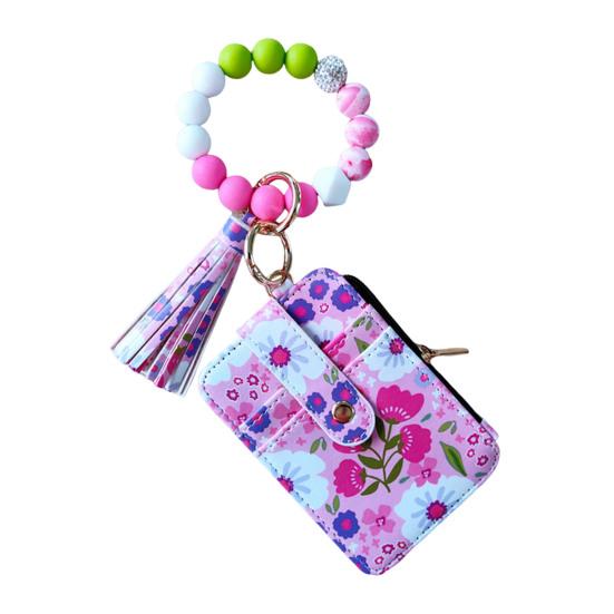 Ladies Floral Wristlet Wallet Boho Style Coin Purse Keychain with Tassel Elastic