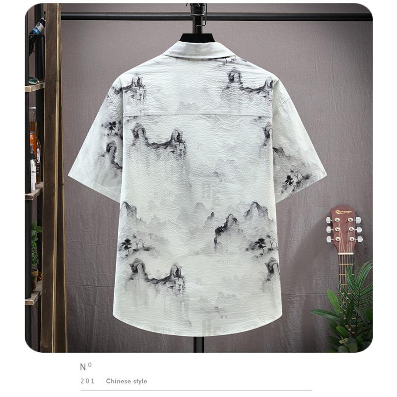 Summer Men Chinese Style Ink Wash Print Shirt Casual Short Sleeve Top