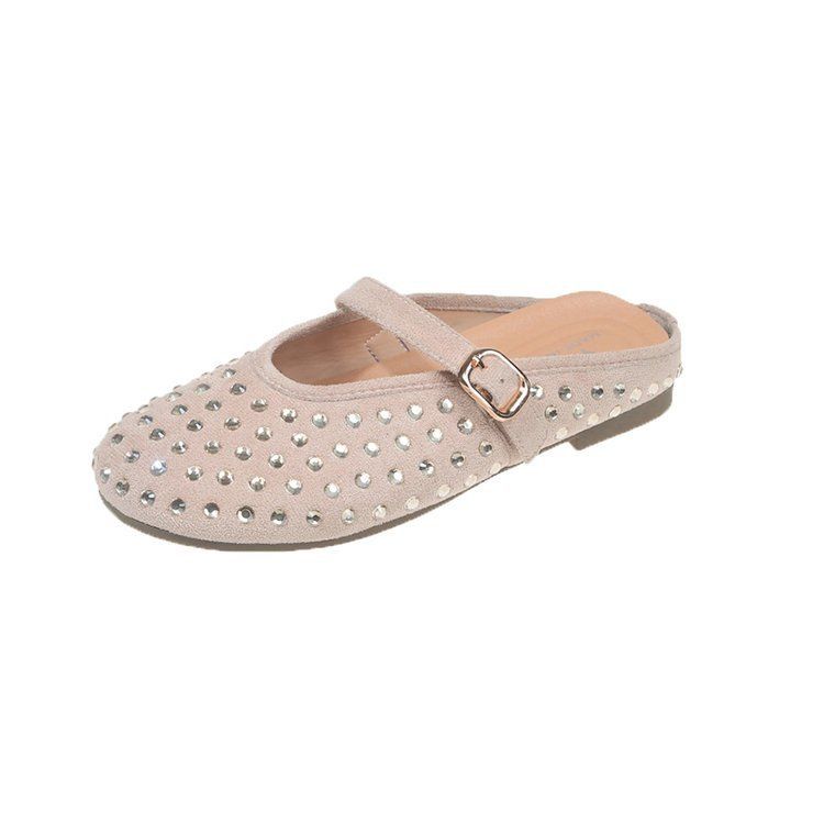 Rhinestone Bag Head Half Slippers Women's 2025 Spring New Flat Bottom Round Head Temperament Advanced Single Shoes Versatile Popular Slippers