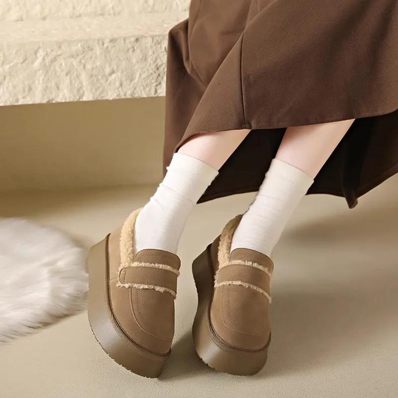 Women's Thick Soled Snow Boots Autumn Winter Plush Boken Shoes Retro Height Increasing Warm Anti Slip Cotton Shoes Loafers