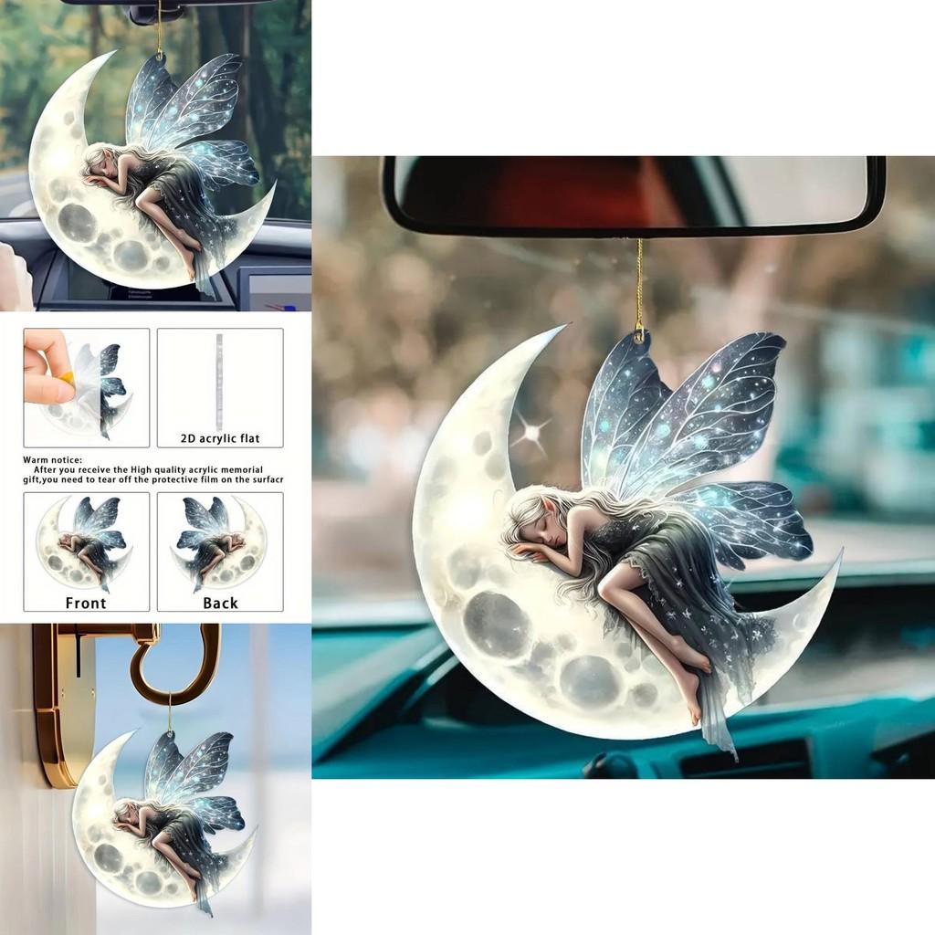 Acrylic Christmas Tree Flat Moon Elf Car Pendant With Clean Design For Celebratory Vehicle Decor