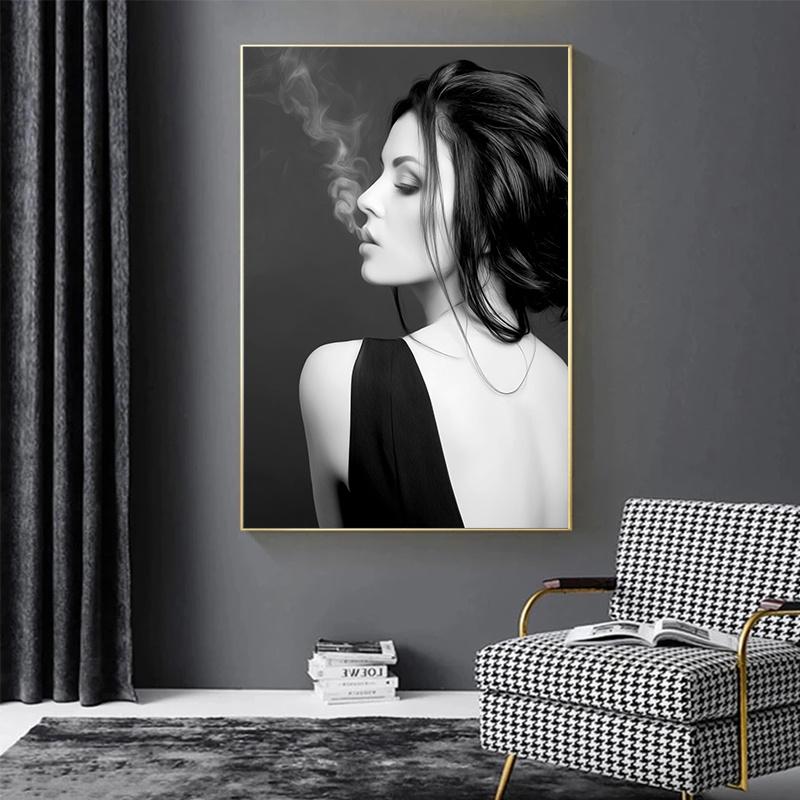 Schwarz-weiße Mode-Charakter-Poster, sexy, schöne Frau, Porträt, Leinwandgemälde, moderne Wandkunst, Bilder für Heimdekoration