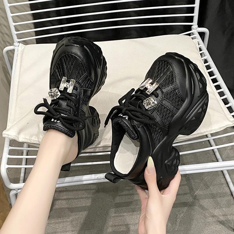 Fashion 9CM Women's Thick Bottom Slip-On Slippers Air Mesh Synthetic Leather Sandals Summer Platform Wedge Flats Breathable Hollow Shoes