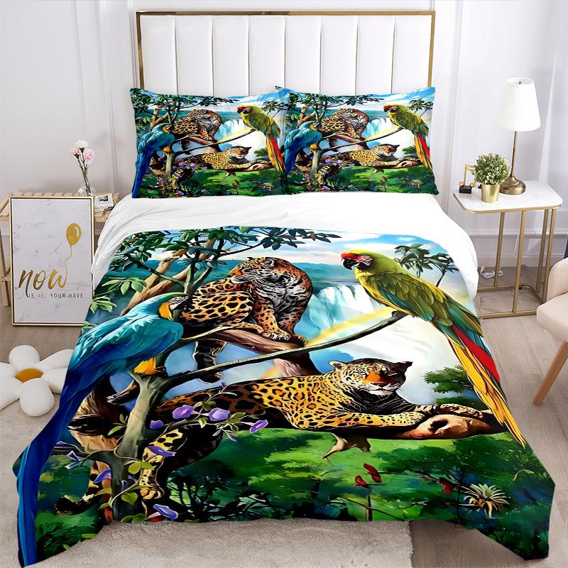 3pcs Anime Leopard & Parrot Bedding Set, Includes One Quilt Cover and Two Pillowcases (No Core), Polyester Fabric