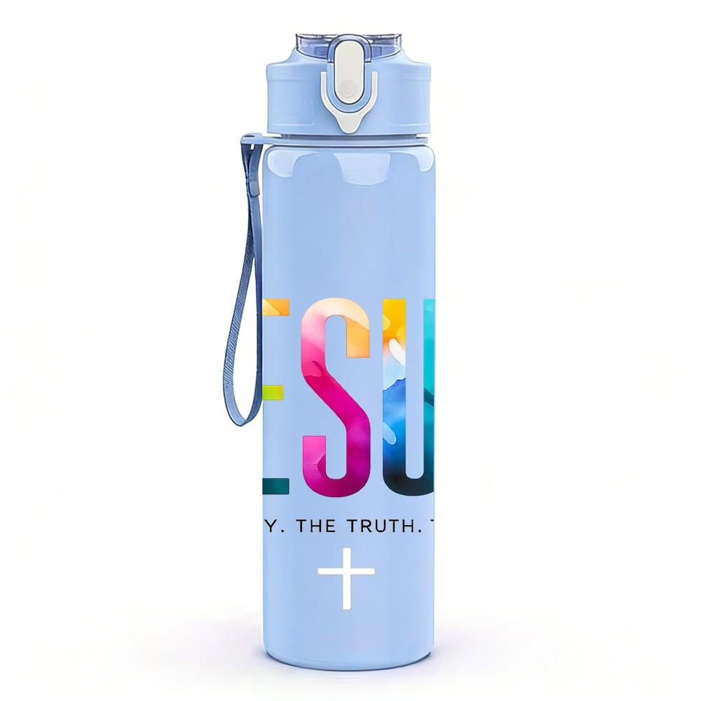 1PC Jesus Color Letter Logo Print 750ml Color Plastic Sports Water Bottle Leakproof Flip Straw Lid Suitable for Sports Office Home Use