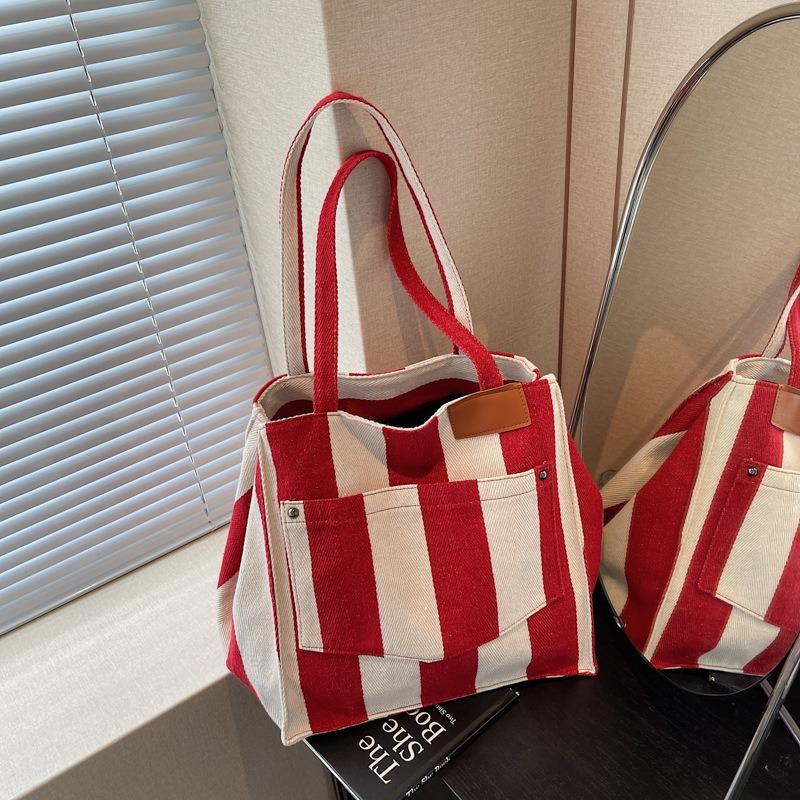 New Fashion Student Versatile Tote Bag Wide Stripe Canvas Bag Contrasting Color Large Capacity Portable Shoulder Bag Women