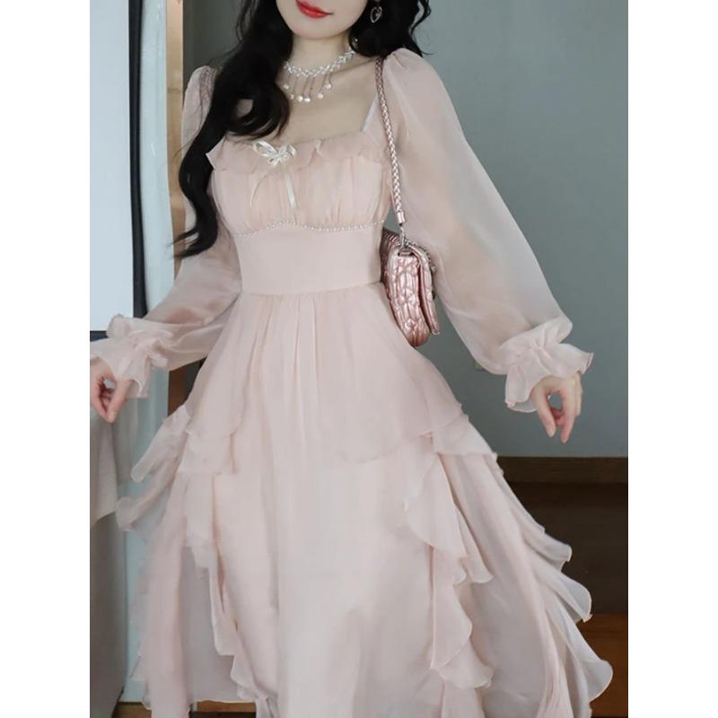 

2023 летнее розовое шифоновое винтажное платье феи, женское элегантное вечернее платье миди в корейском стиле, женское платье в стиле ретро с расклешенными рукавами