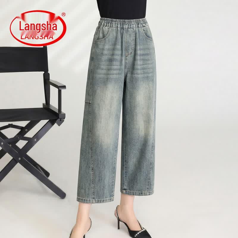 LangSha Women s Washed Denim Cropped Straight-Leg Jeans M