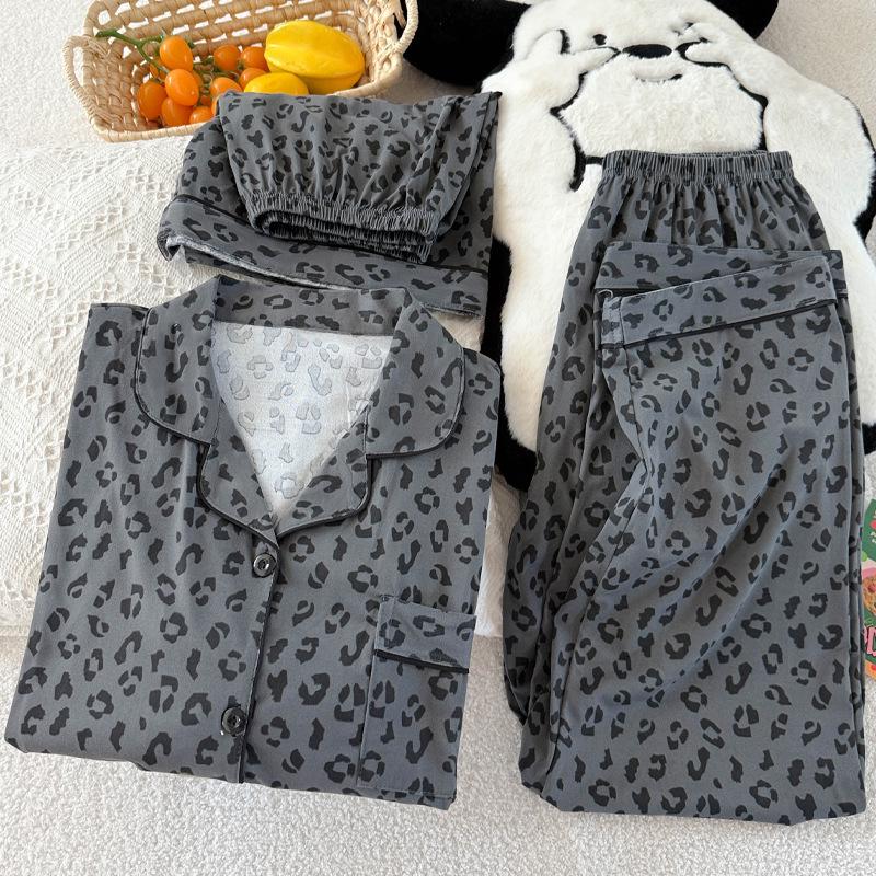 Schickes Pyjama-Set mit Leopardenmuster: Damen Kurzarm Sommer Dreiteilige Homewear