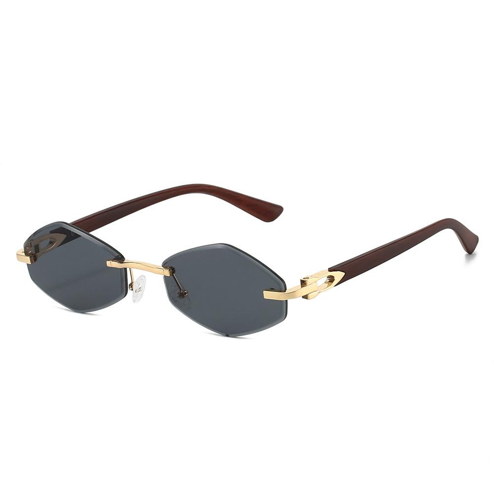 New frameless trimmed sunglasses, European and American retro small frame sunglasses, wood grain legs, trendy street glasses