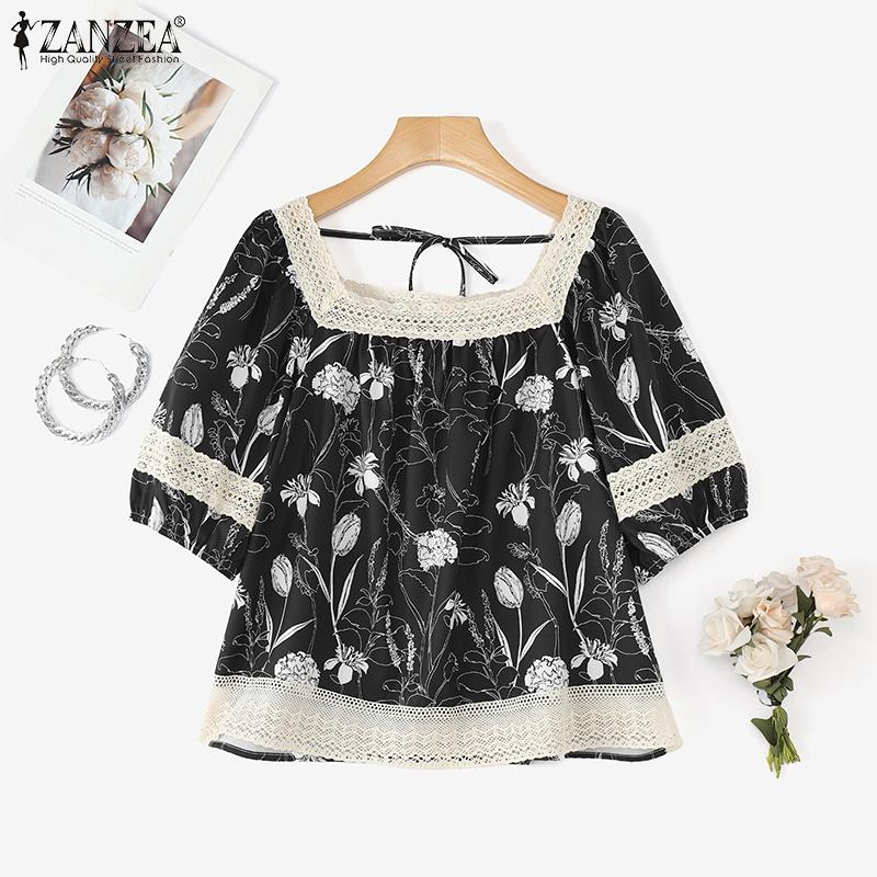 ZANZEA Women Lace Splice Square Collar Summer Short Sleeve Floral Blouse