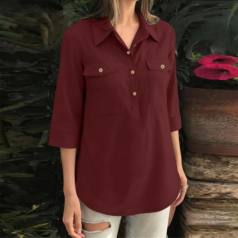 

ZANZEA Women Casual Turn Down Collar 3/4 Sleeve Loose Blouse M вина червоного кольору