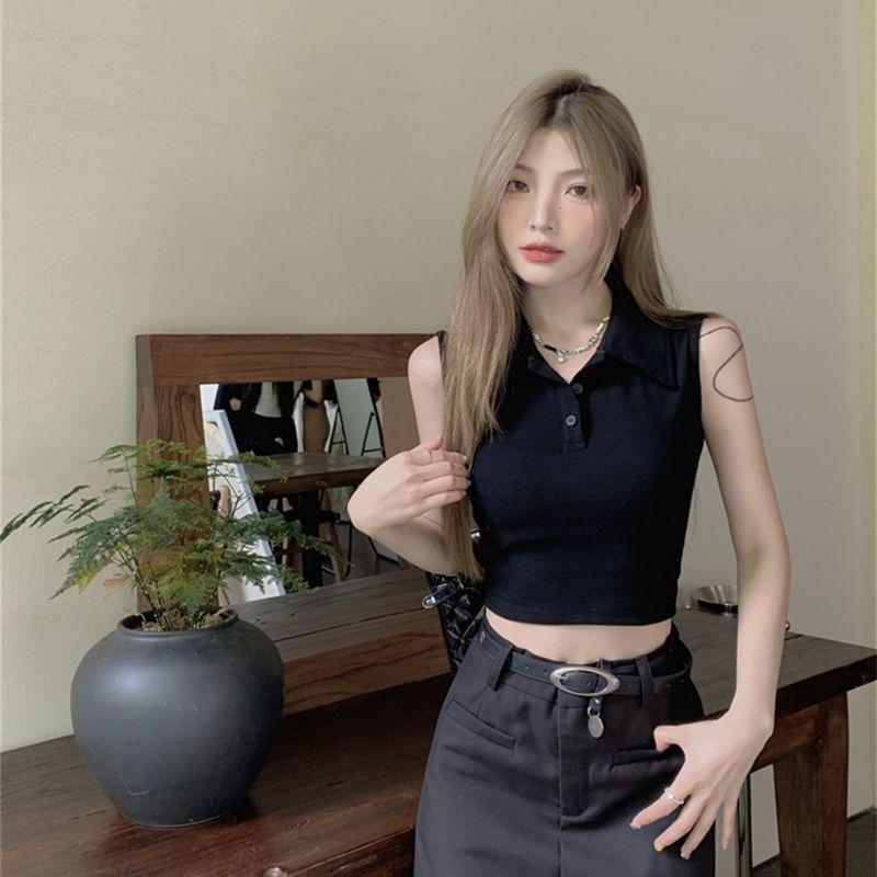 Haut Court Débardeur Col Polo Côtes Coupe Ajustée Uni Couleur Été pour Femme