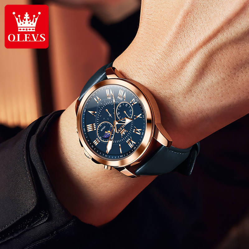 OLEVS Big Dial Roman Scale Quartz Watch For Men Waterproof Luminous Men's Hand Clock Moon Phase Original Fashion Man Watch