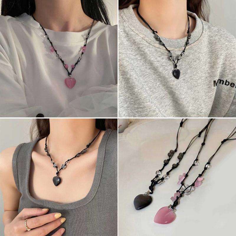 Heart Natural Stone Necklace Woven Rope Chain Choker for Women Girl Unisex Necklace Gemstone-Jewelry Ornament Gift