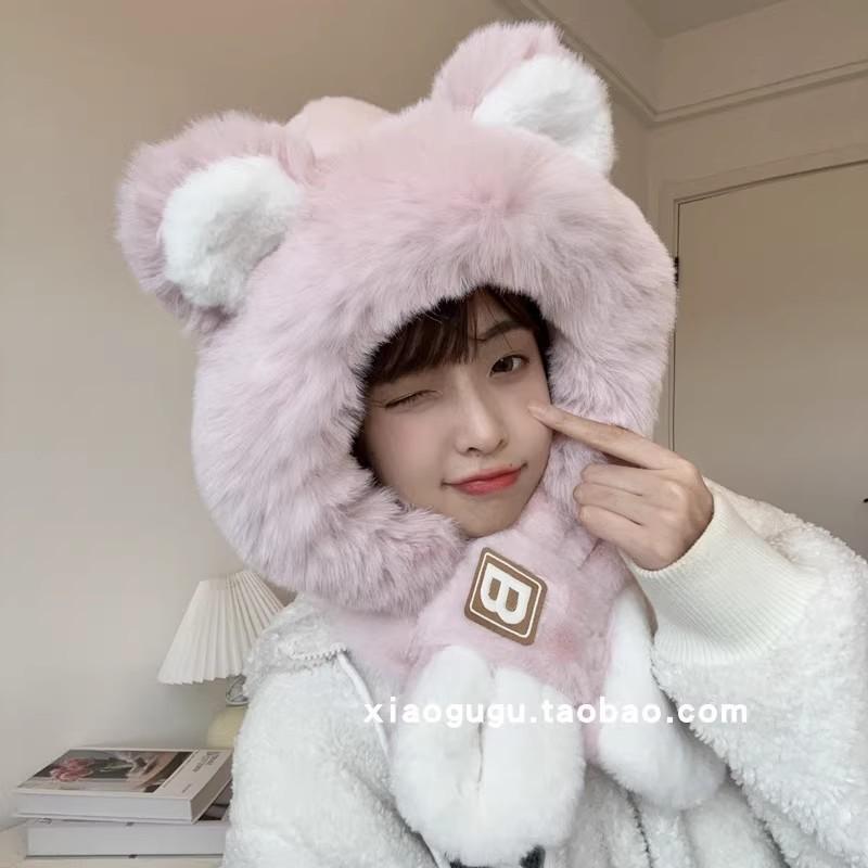 Cute letters bear ears hat scarf integrated female winter student warm fleece thickened two-piece set