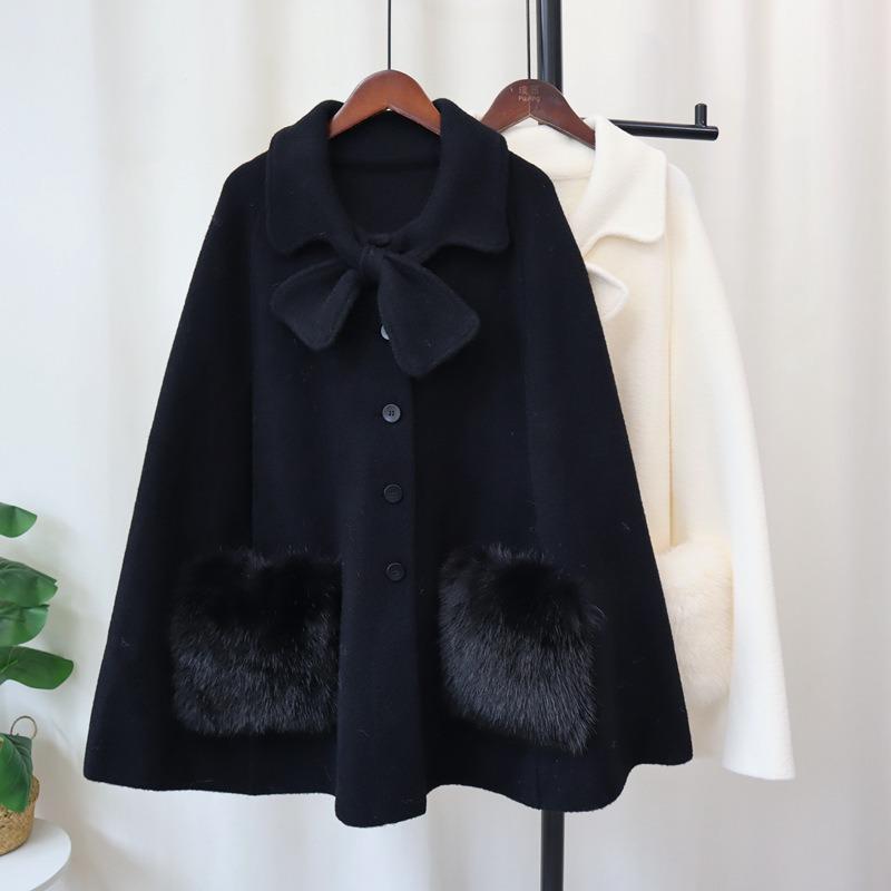 Bow knitted double-sided woolen coat cape autumn and winter new high-end sweater jacket women