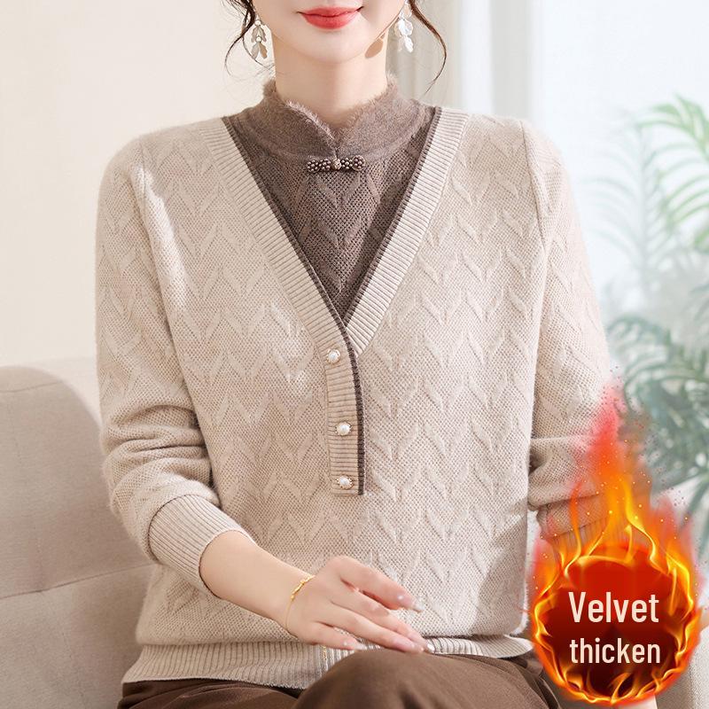 

Velvet Thick Warm Knitted Top for Women – Stylish Winter Base Layer for Mature Ladies 4XL (Recommended for 130-140 lbs)