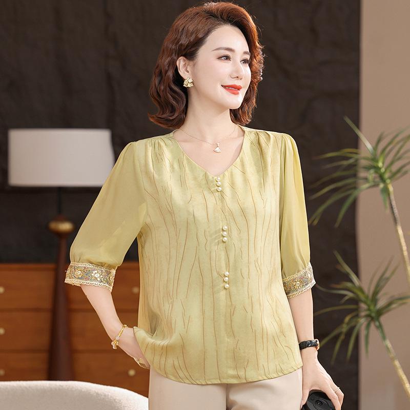 

Mother s Day 2026 Women s Slimming Chiffon Top - Short-Sleeve, Tummy-Flattering Summer Style for Middle-Aged Moms 3XL (For 125-135 jin)