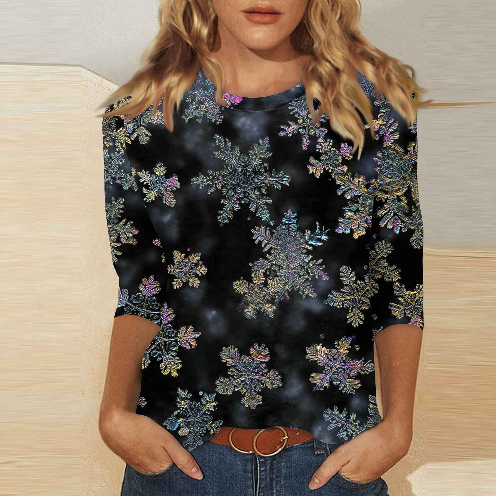 

Женский модный повседневный топ с рукавом три четверти и рождественским принтом, круглый вырез XL тёмно-синий