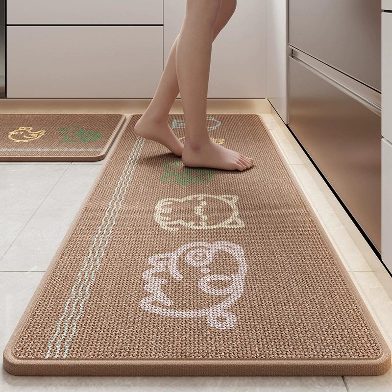 Cartoon Printed Linen Kitchen Floor Mat, Water and Oil-absorbing Kitchen Rug, Non-Slip Rubber Backing, Doormat Bath Mats