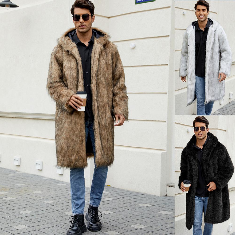 Herrenmantel aus Kunstpelz mit Kapuze Winter Lang Kunstmink Jackenmantel Flauschig Dick Trenchcoat Kunstpelzjacke für Herren Langarm Oberbekleidung Warmer Parka Übermantel