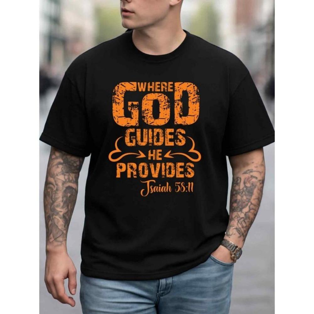 

European Sizes Men s T-Shirt with _Where God Guides_ Faith Design - Black Short Sleeve Casual Round Neck Shirt, Comfortable for Church S