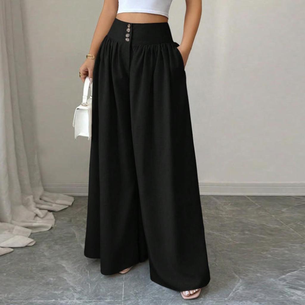 Women's Casual Button Pleated Loose Wide Leg Casual Pants