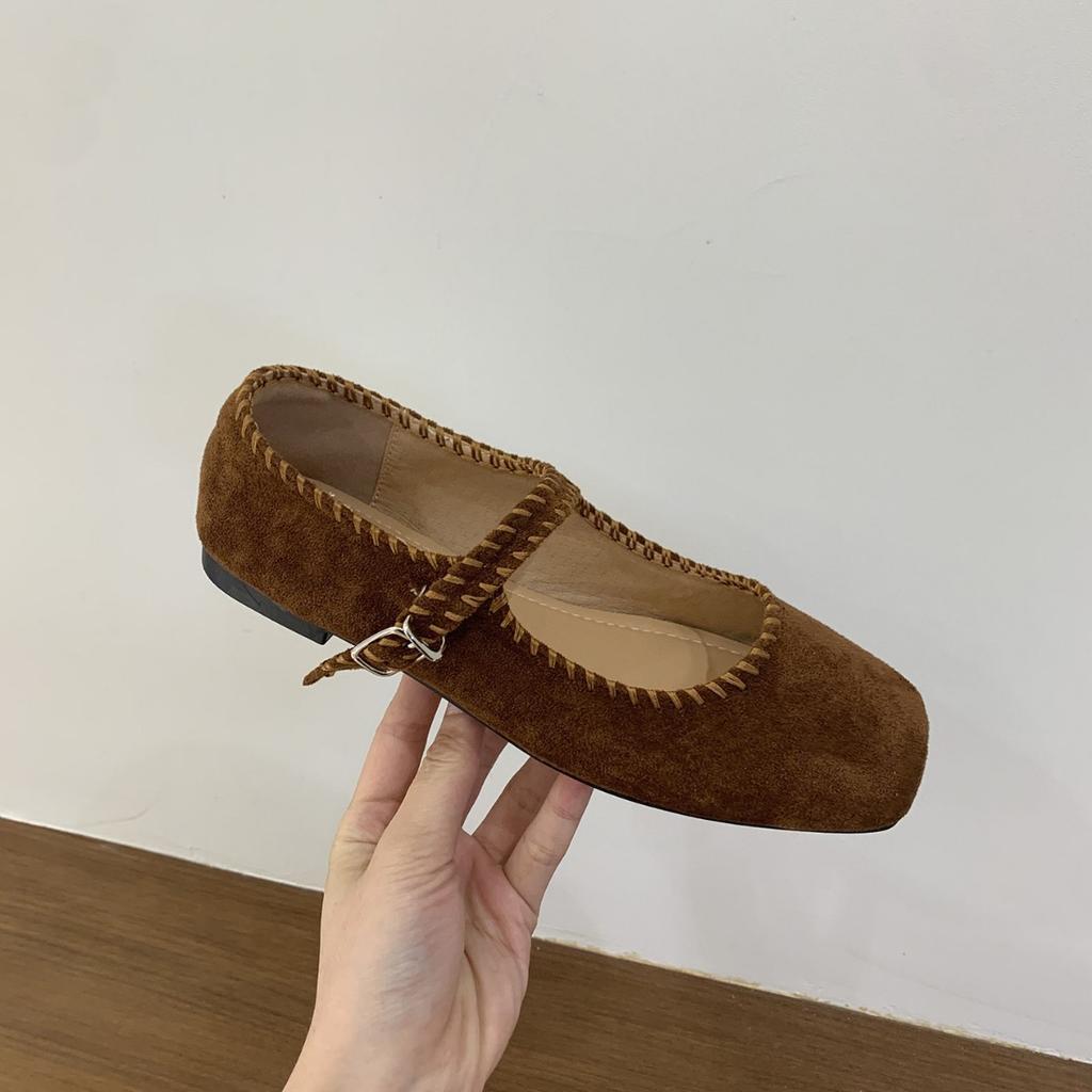 French Suede Ballet Flats Women's 2025 Spring and Autumn New Retro Square Head Casual Flat Mary Jane Single Shoes