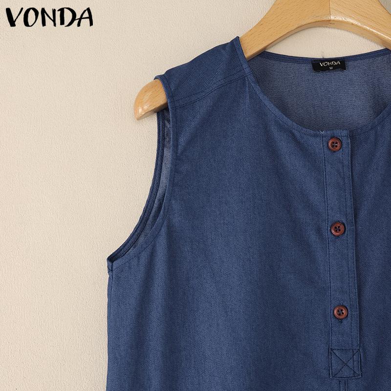 VONDA Women Round Neck Sleeveless Solid Color Casual Long Tunic Dress