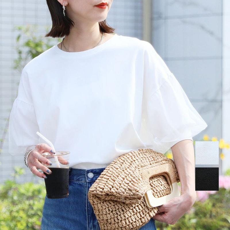 

Pure Cotton Loose T-shirt for Women s Summer Mesh Lantern Five-quarter Sleeve Round Neck Top M белый